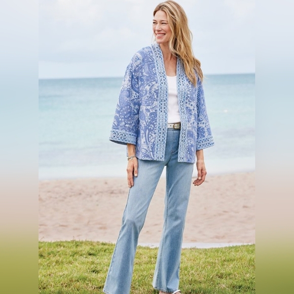 Soft Surroundings Blue White Bead Embellished 3/4 Sleeve Cardigan Jacket M - Picture 1 of 9